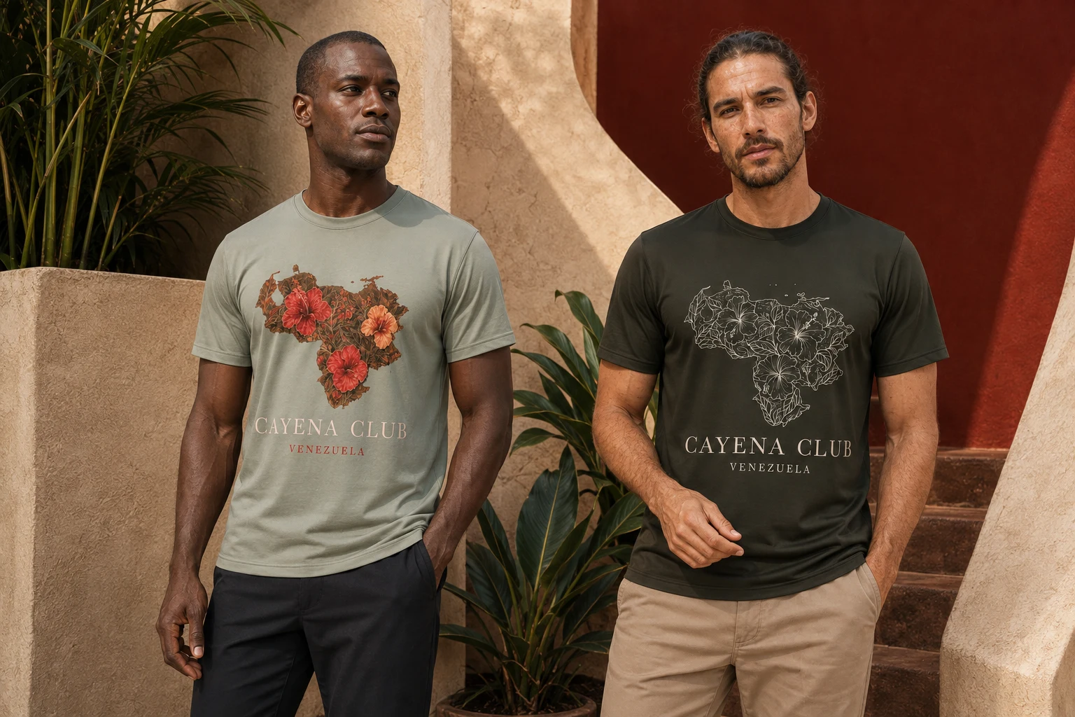 Editorial de Cayena Club: dos modelos con Botánica gris verdoso y Lineal oliva en un patio tropical